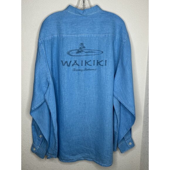 Tommy Bahama Linen Shirt Mens XXL Blue Waikiki Hawaiian Beach Back Print 2XL - Picture 1 of 15